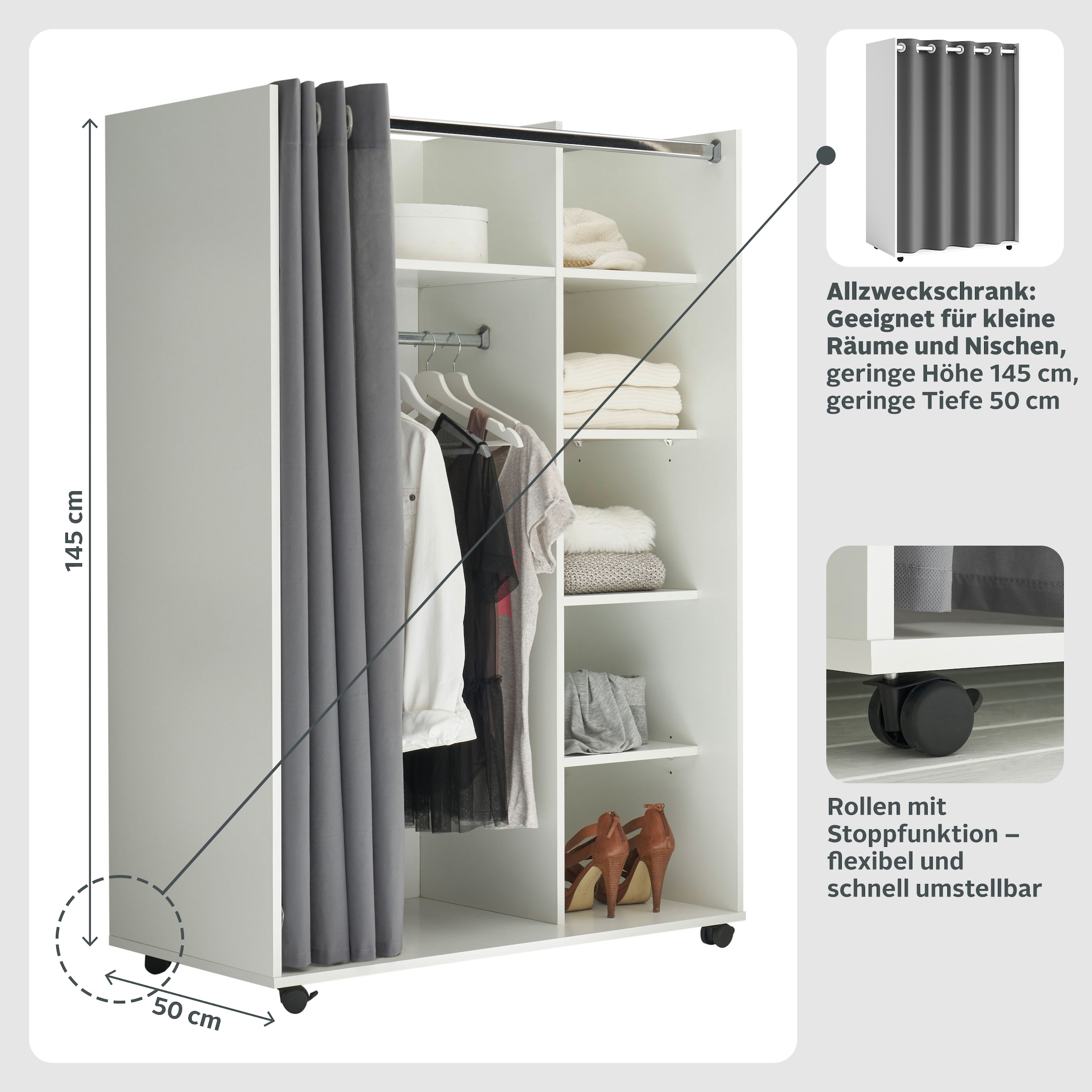 Schlafkontor Kleiderschrank »Jenke Kleiderschrank Schlafzimmerschrank auf Rollen - BESTSELLER« Allzweckkleiderschrank Schrank mit modernen Vorhang Garderobe