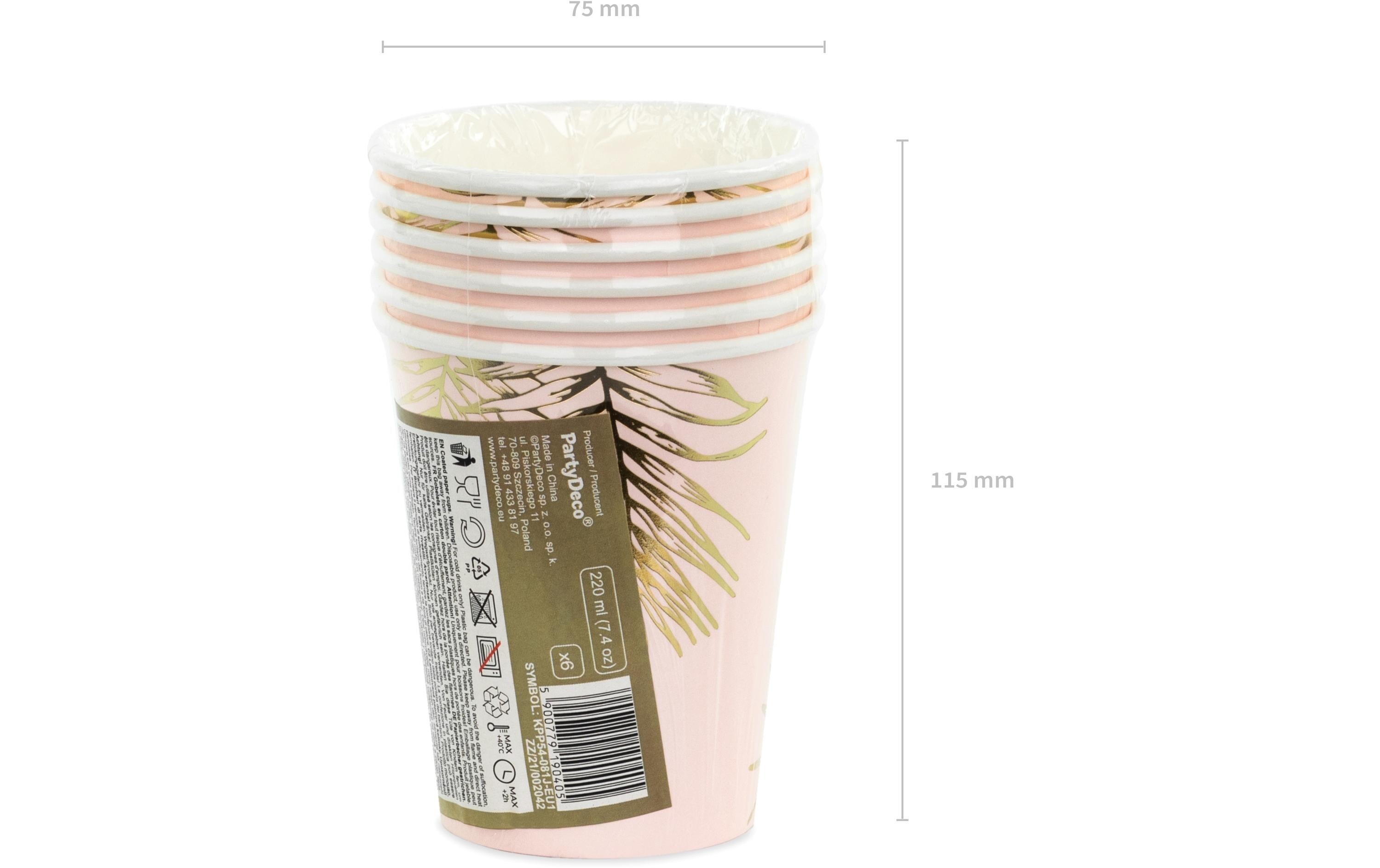Einwegbecher Blätter 220 ml, 6 Stück, HellrosaPappbecher für Partys