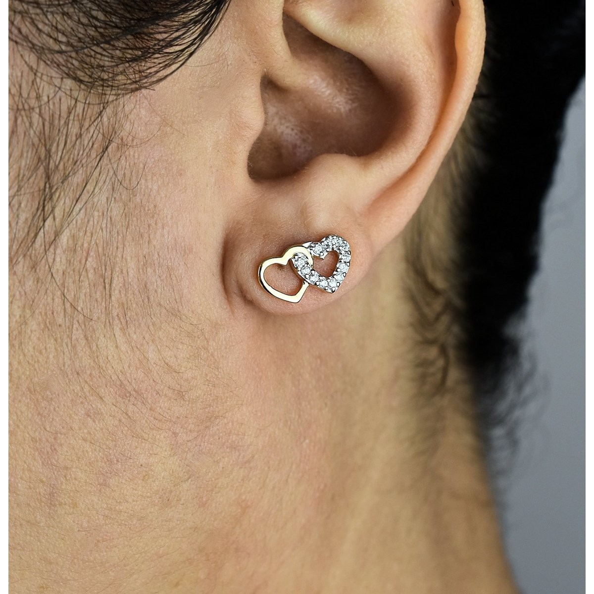 Boucles d'oreilles 2 coeurs enlacés oxyde de zirconium Plaqué OR 750 3 microns 2 tons