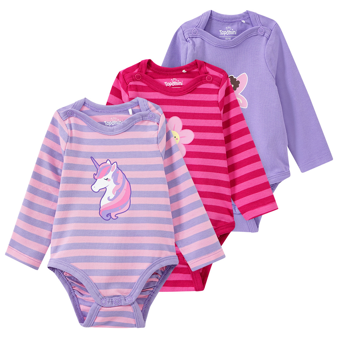 Topomini 3 Baby Langarmbodys mit verschiedenen Prints helllila / rosa / pink
