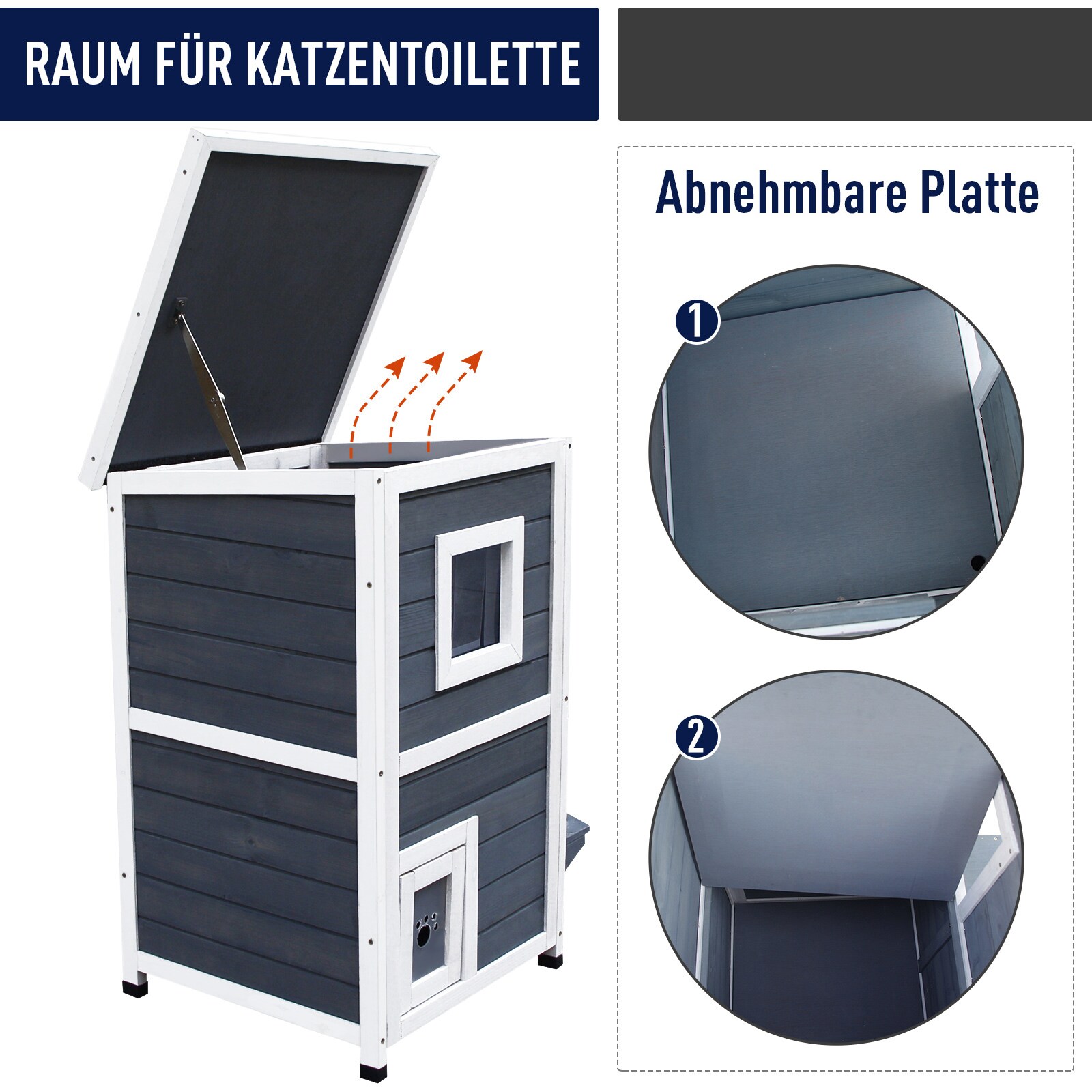 PawHut Katzenvilla mit 2 Etagen grau, weiß 51 x 51 x 81,3 cm (LxBxH)