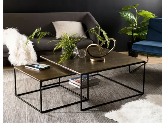 JONAS - Set de 2 tables gigognes carrées aluminium doré - pieds métal noir