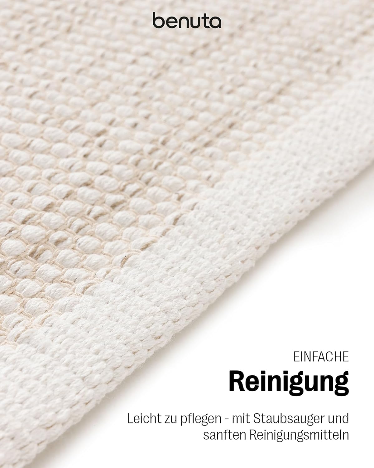 benuta Basic handgewebter Baumwollteppich Ron - Creme 80x250 cm - Handwebteppich aus 100% Baumwolle - Läufer im Style: Uni, Minimalistisch, Natural Living - Pflegeleicht für Wohnzimmer Schlafzimmer
