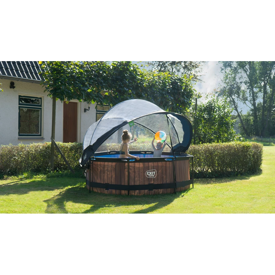 EXIT Frame Pool ø244x76cm (12v Kartusche Filterpumpe) – Holzoptik & Sonnendach