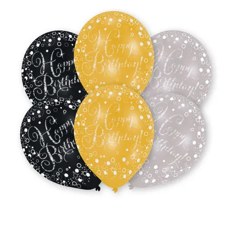 amscan Latexballons Happy Birthday gold, silber & schwarz, 6 Stück