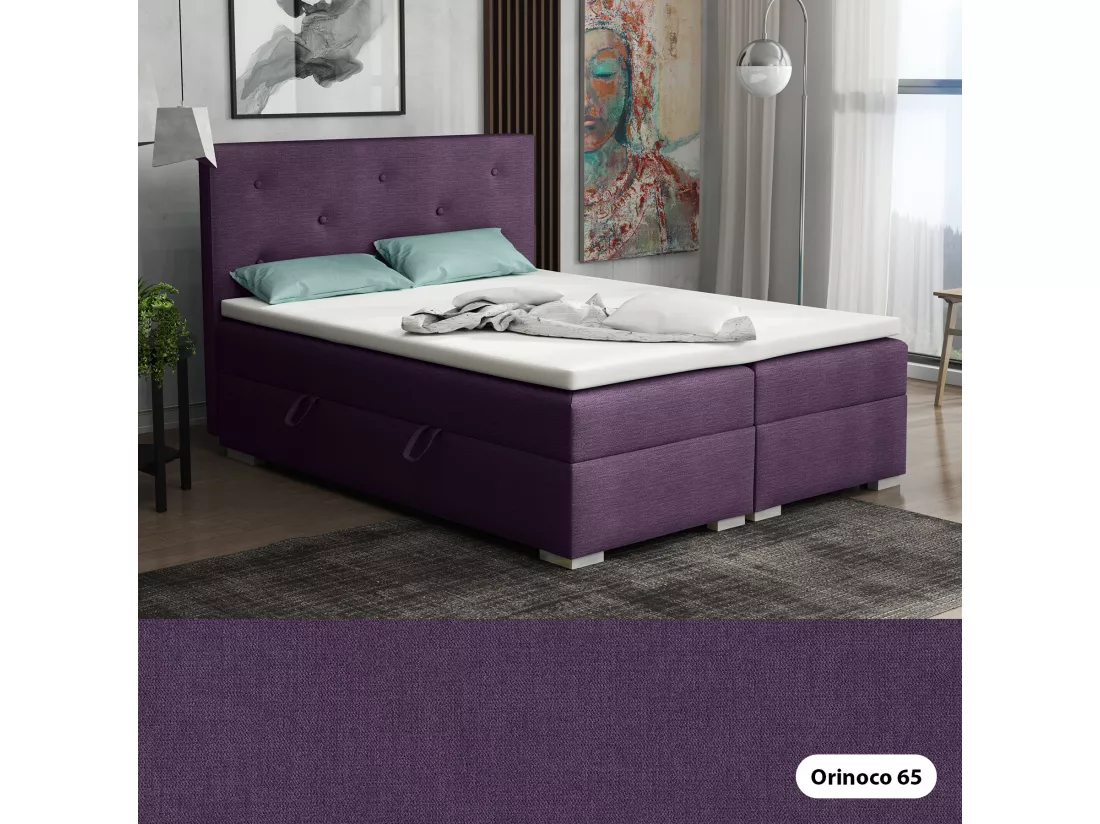 Lit Boxspring avec tiroirs de lit, Coffre de lit Topper Atlanta 140x200 cm, Orinoco 65 (Violet foncé)