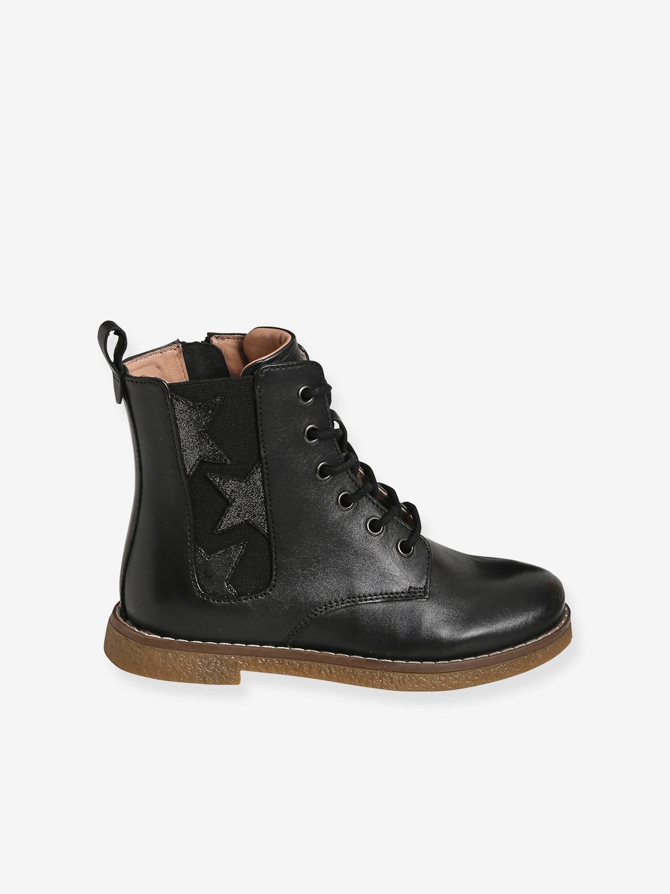 Botas de cano alto com cadarço e zíper em couro, para meninas, pretas lisas com estampas.