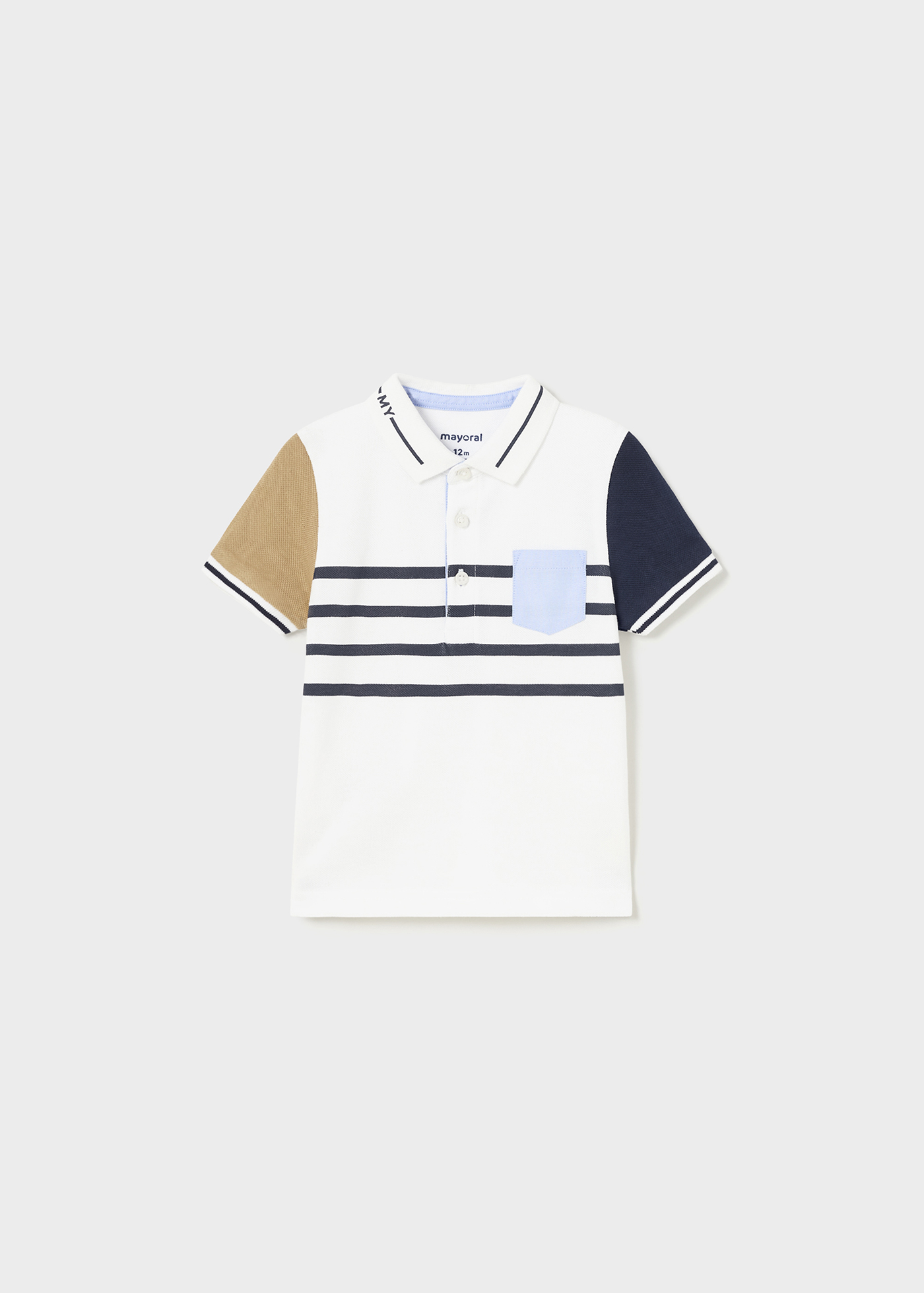 Camisa polo de algodão sustentável, com listras em granito e estampa tricolor para bebês.