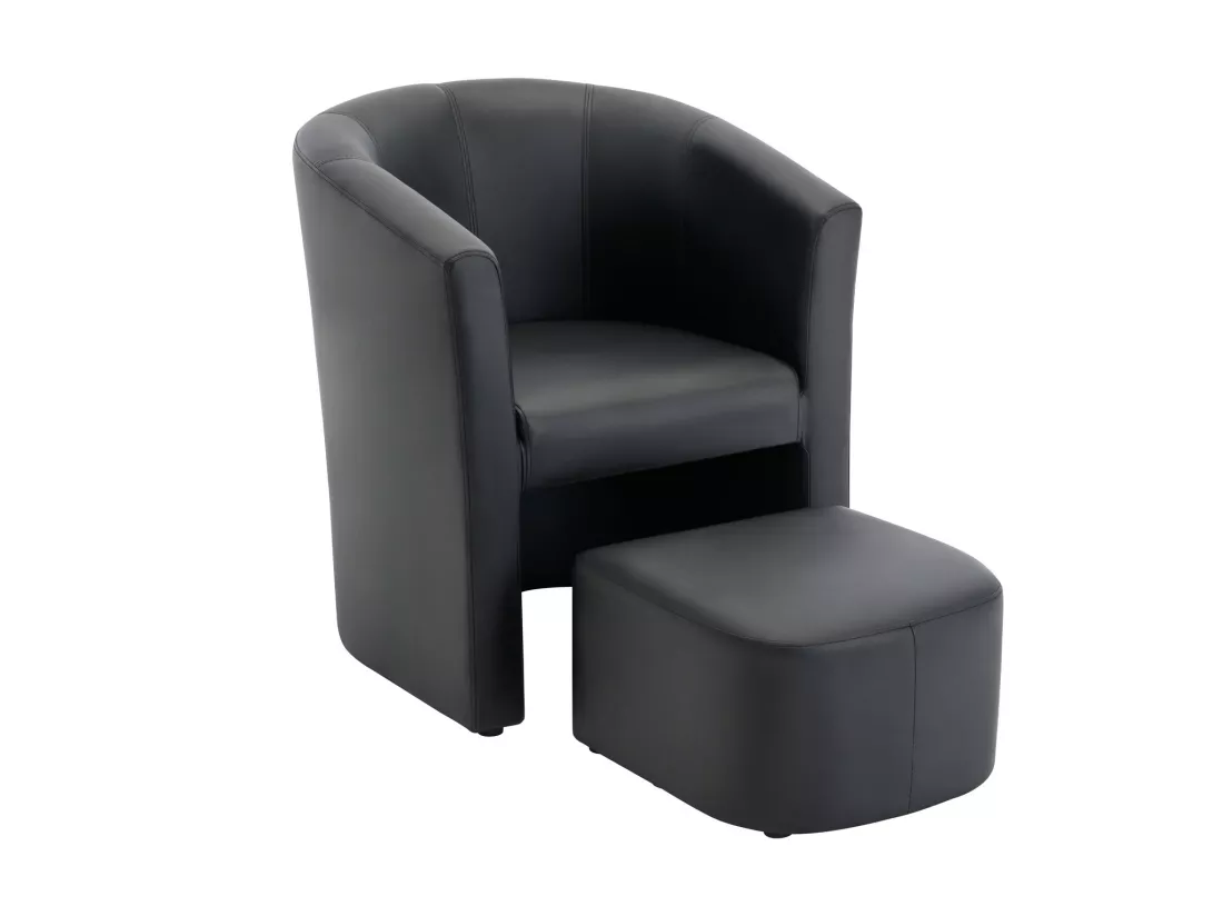 Fauteuil cabriolet et pouf en simili noir JOVANA