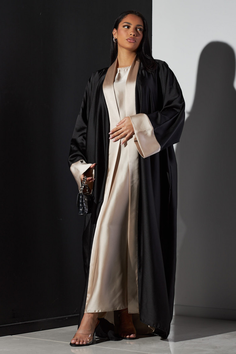 Ensemble 2 pièces robe + kimono noir à bandes beige