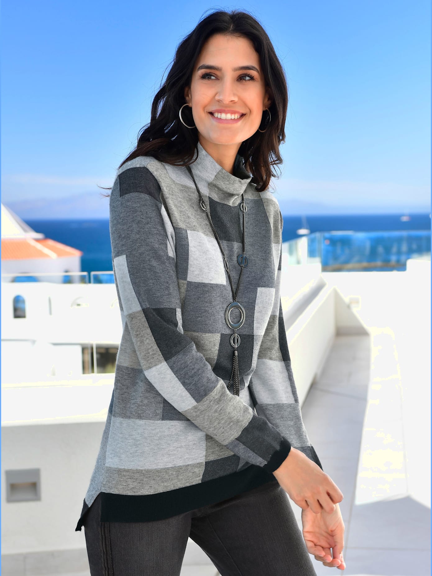 Pull femme à carreaux intarsia col montant