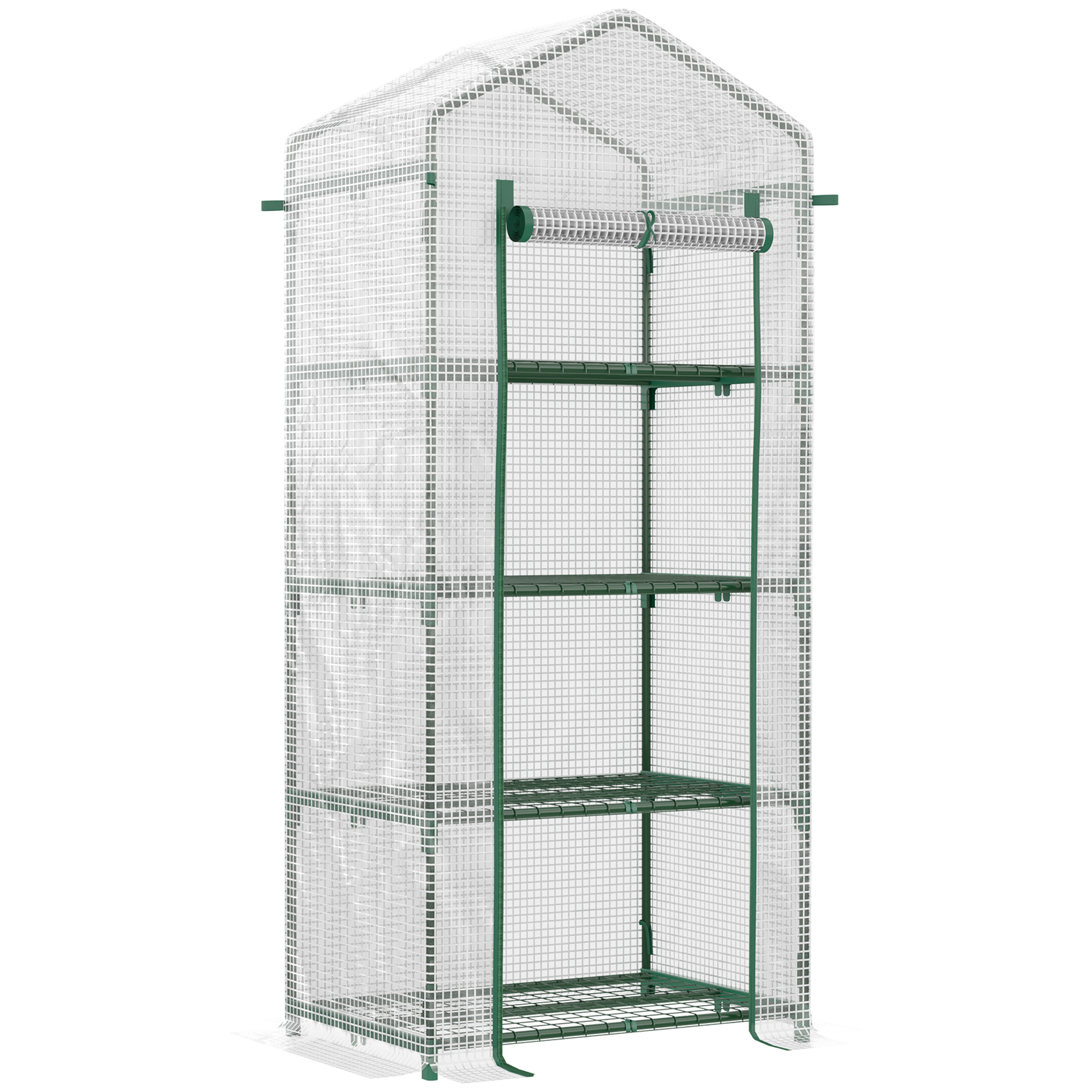 Estufa de jardim Outsunny com 4 prateleiras e cobertura em PE, tipo galpão com estrutura tubular de aço, ideal para cultivo de plantas, flores e vasos, 70x50x160 cm, branca.