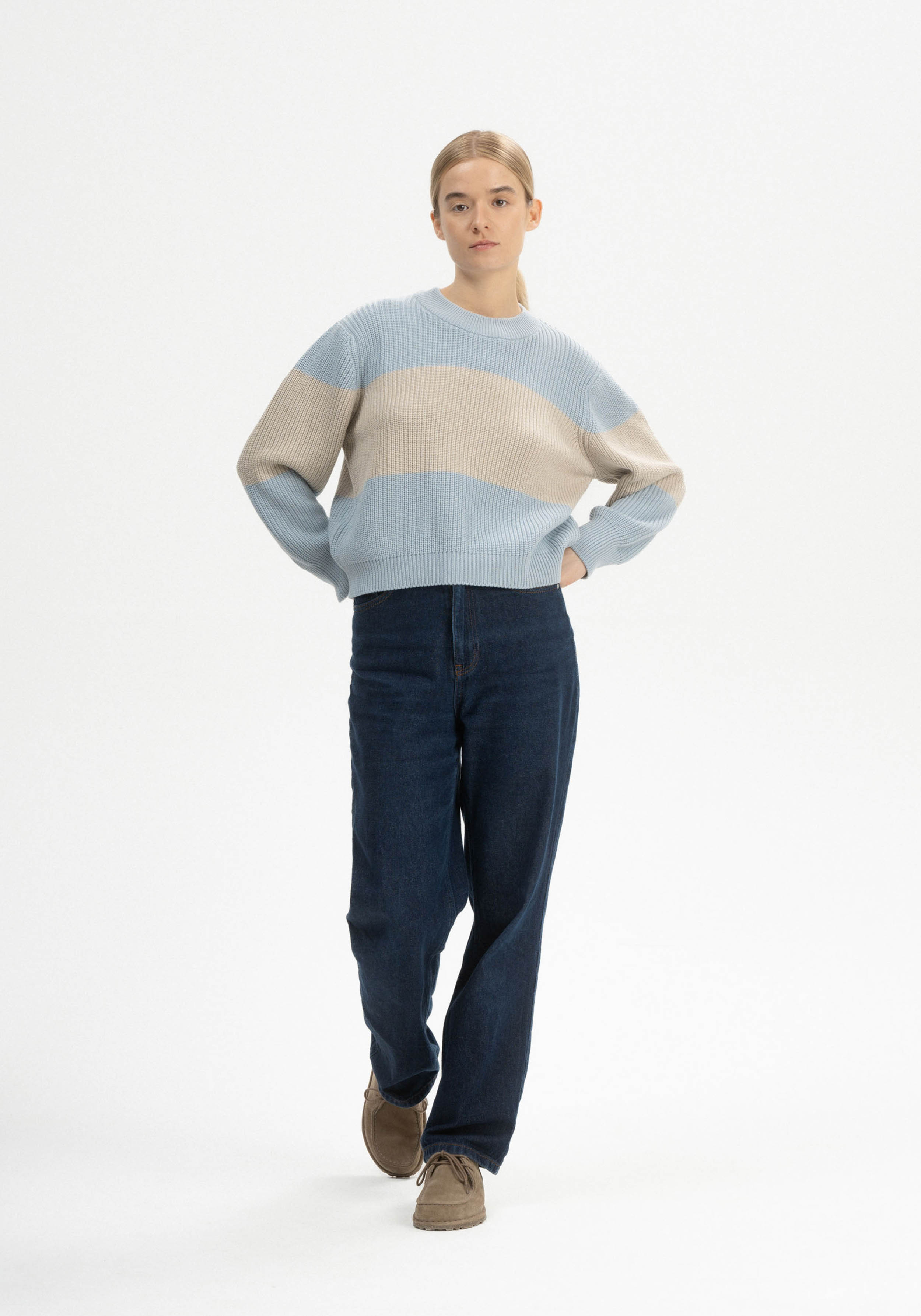 Mela Strickpullover Rib Knit Adah Stripes Cloudy Blue/Kiesel Melange