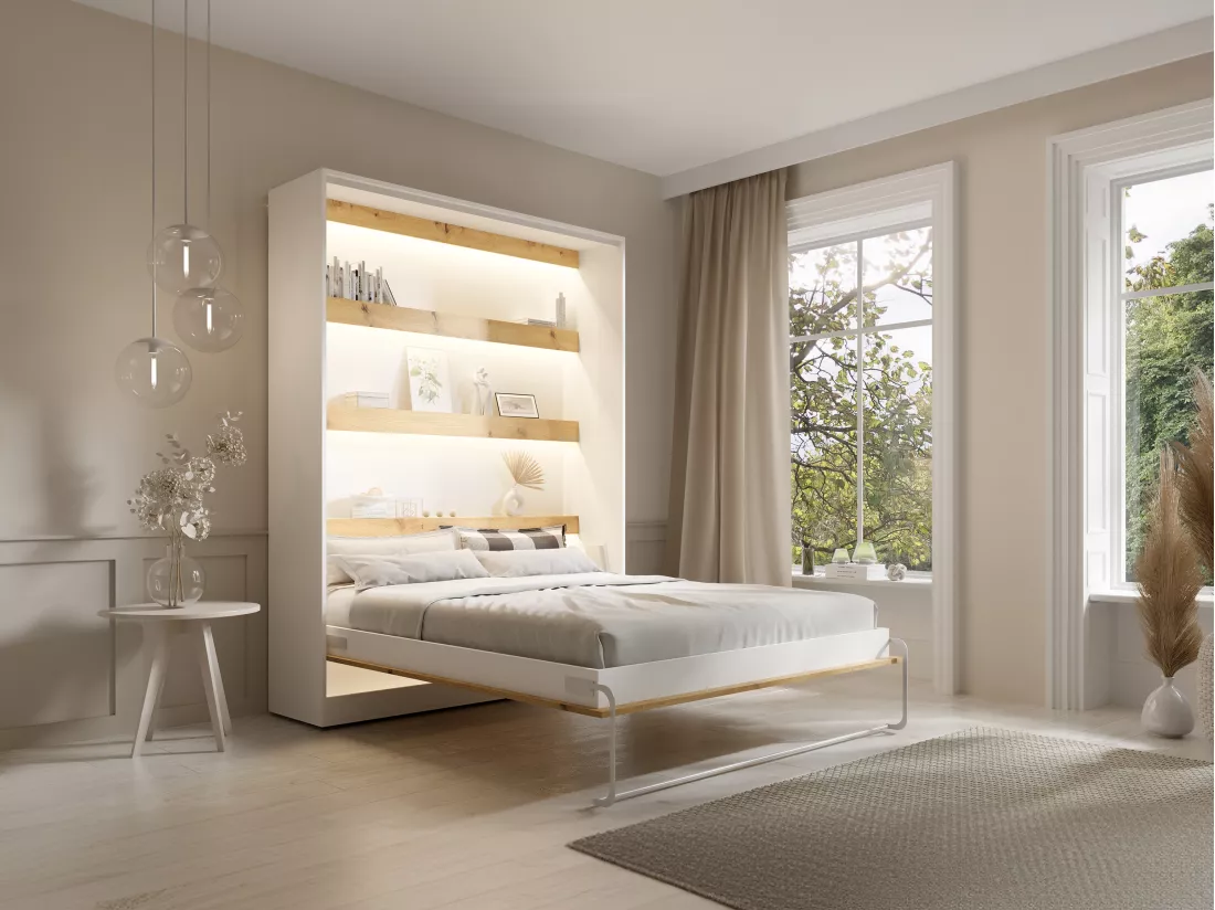 Lit escamotable 160 x 200 cm - Ouverture verticale manuelle - Avec LEDs - Blanc et naturel - RAPILI