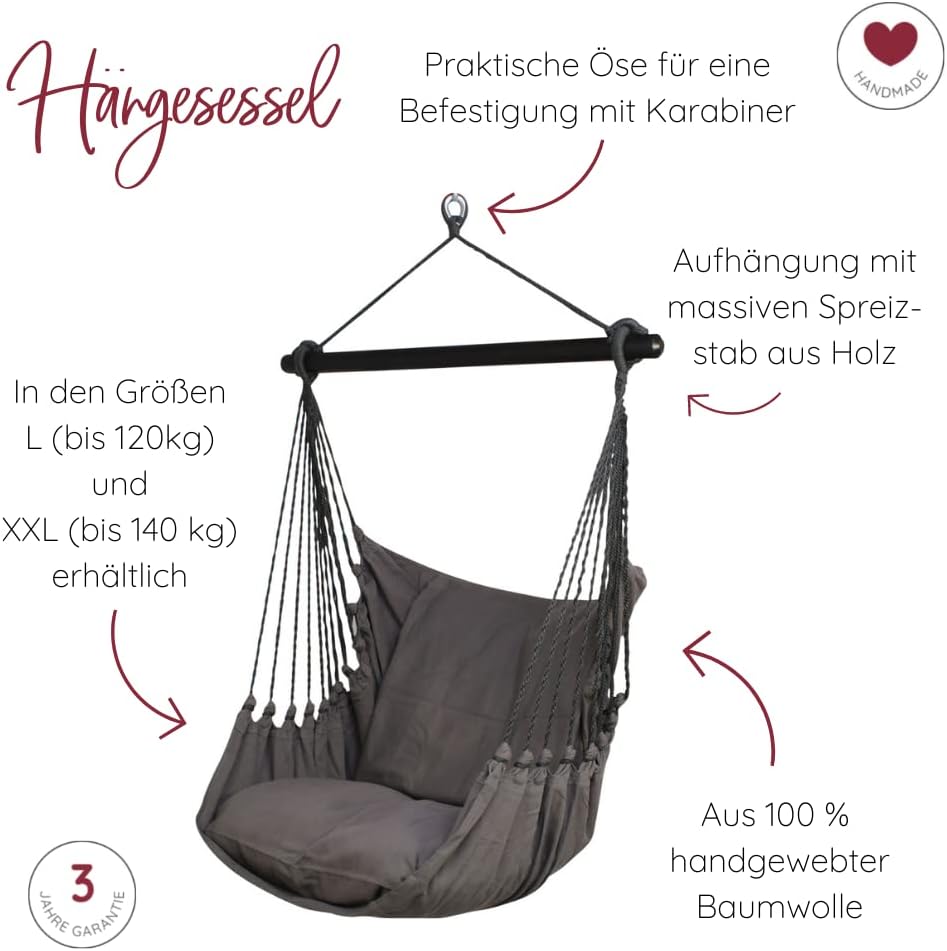 HOBEA-Germany Hängesessel Hängestuhl Hängesitz mit 2 Kissenhüllen (XXL (bis 140kg belastbar), Uni Grau)