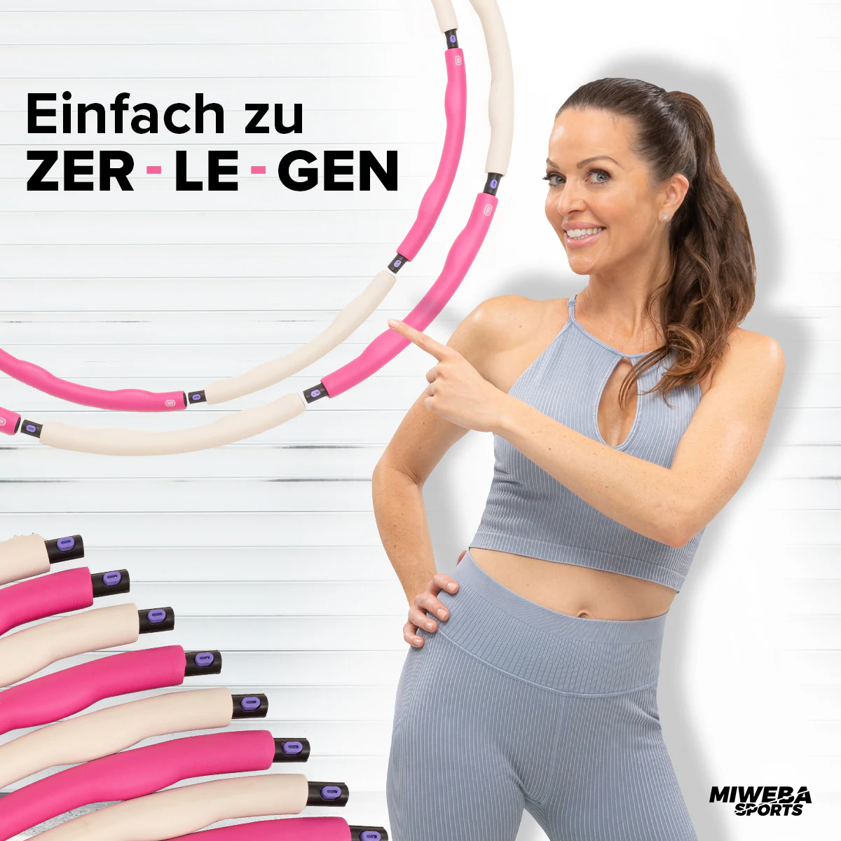 Miweba Sports Hula-Hoop-Reifen 1,2 kg für Erwachsene, Durchmesser 100 cm, 8-teilig, Wellenform, bunt (Rosa/Weiß)