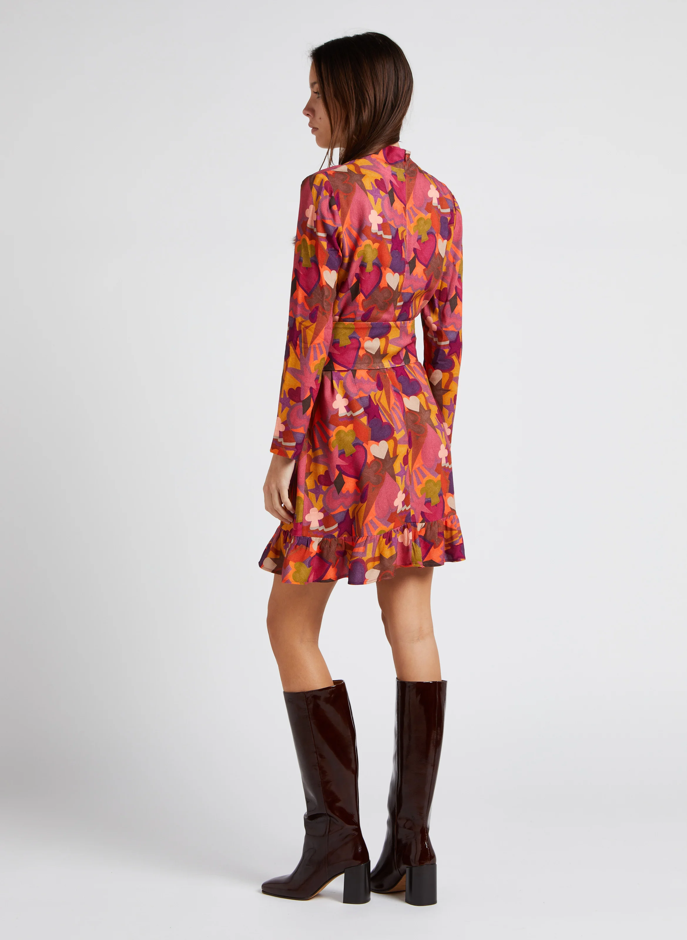 BONNE ETOILE - Robe courte évasée col montant imprimée | Rose