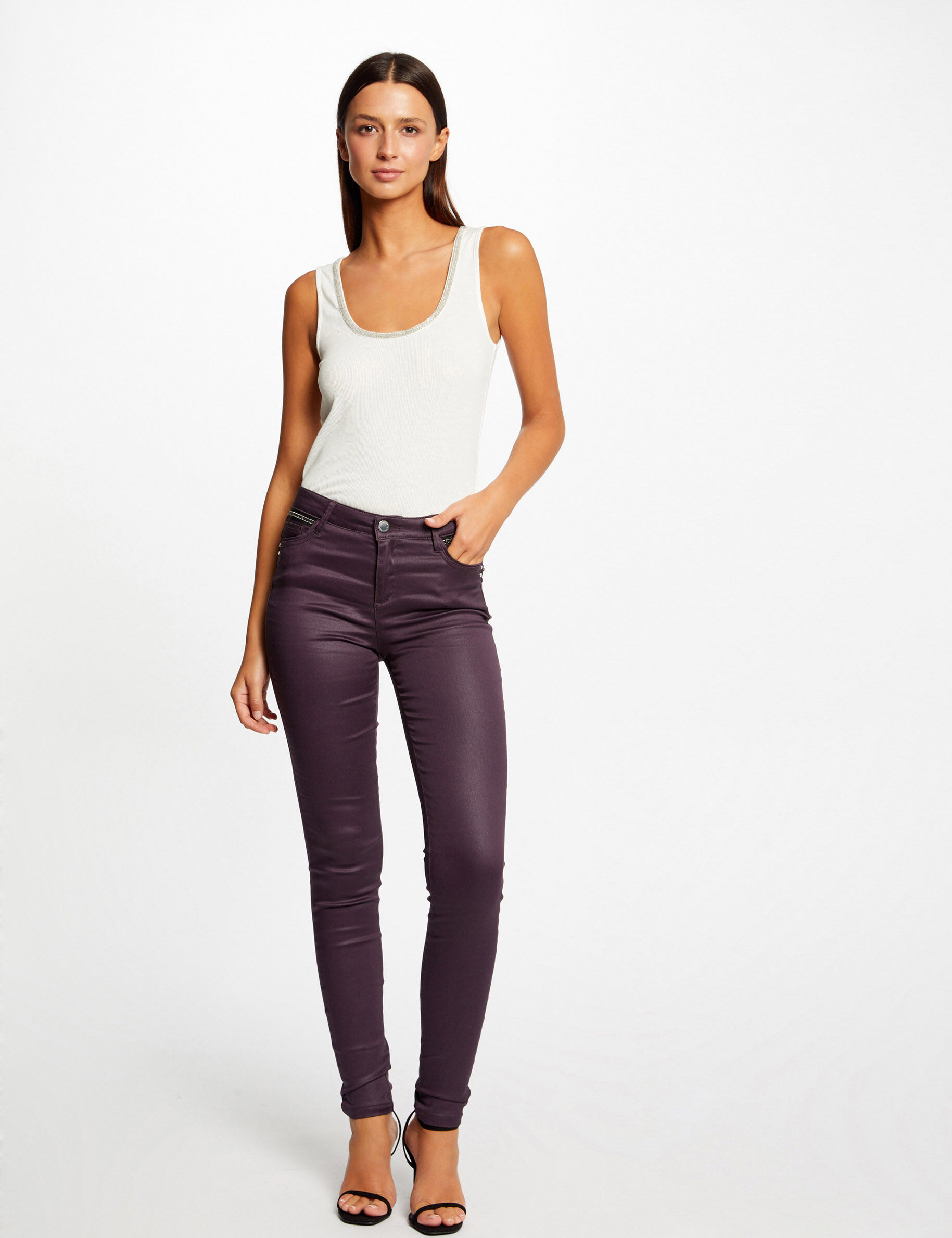 Pantalon skinny enduit à détails bijoux prune femme - prune