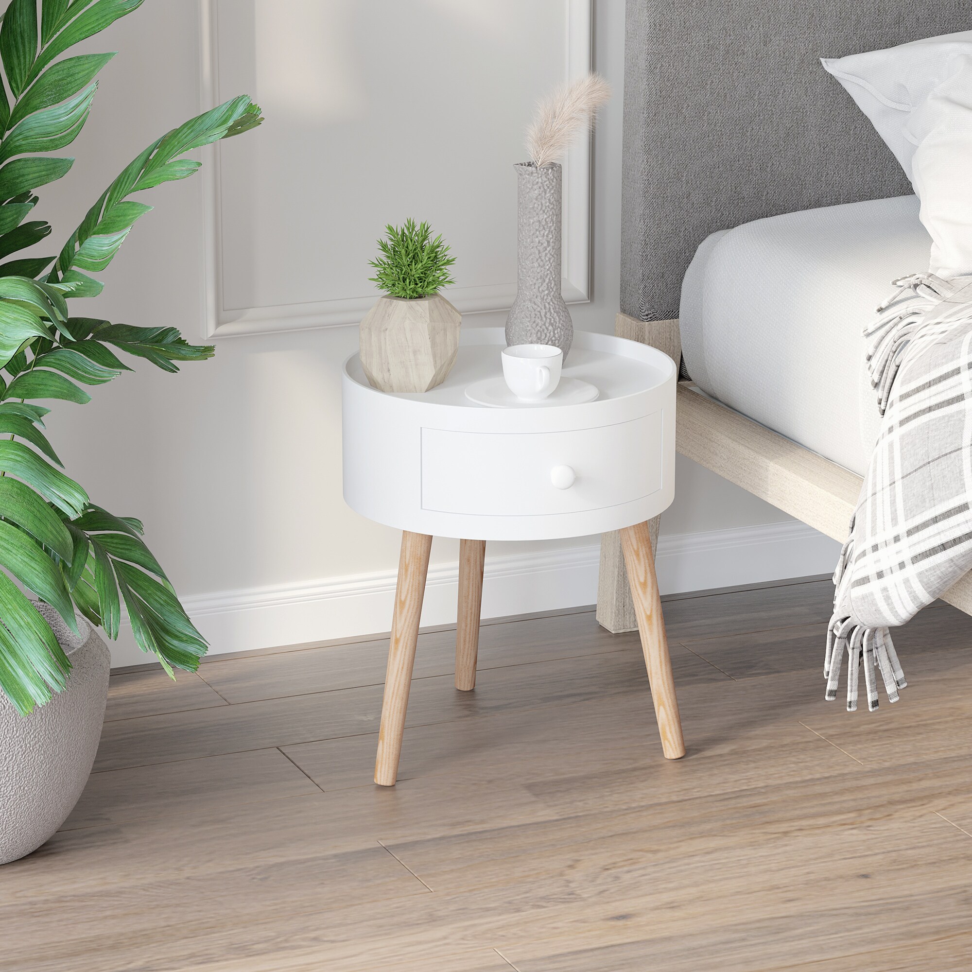 HOMCOM Beistelltisch mit Schublade weiß Ø38 x 45H cm