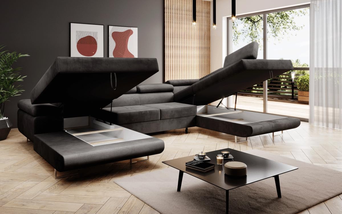 Luxusbetten24 Designer Sofa Lago mit Stauraum und Schlaffunktion | Bezug: Samt | Farbe: Anthrazit | Stellvariante: Rechts