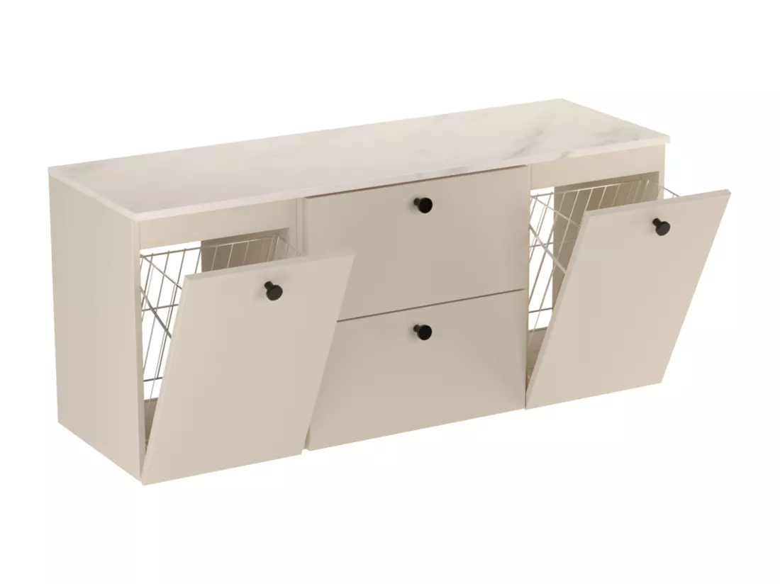 Meuble lavabo WENA, avec 2 portes et 2 tiroirs, fronts lisses, avec panier à linge, Beti, 140x60x47 cm, Cachemire/Marbre Bianco
