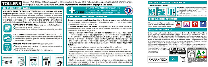 Peinture murs et plafonds Cuisine et bains satin blanc arctique satin Tollens 2 L