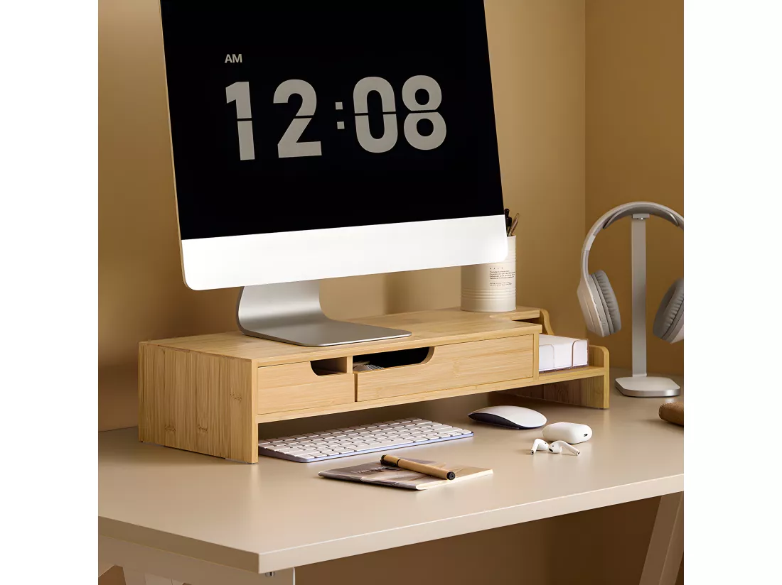 SoBuy Réhausseur d'écran Support de moniteur écran ergonomique Support pour écran d'ordinateur universal, ordinateur portable ou écran TV, 2 tiroirs, 60x22x12cm, BBF12-N