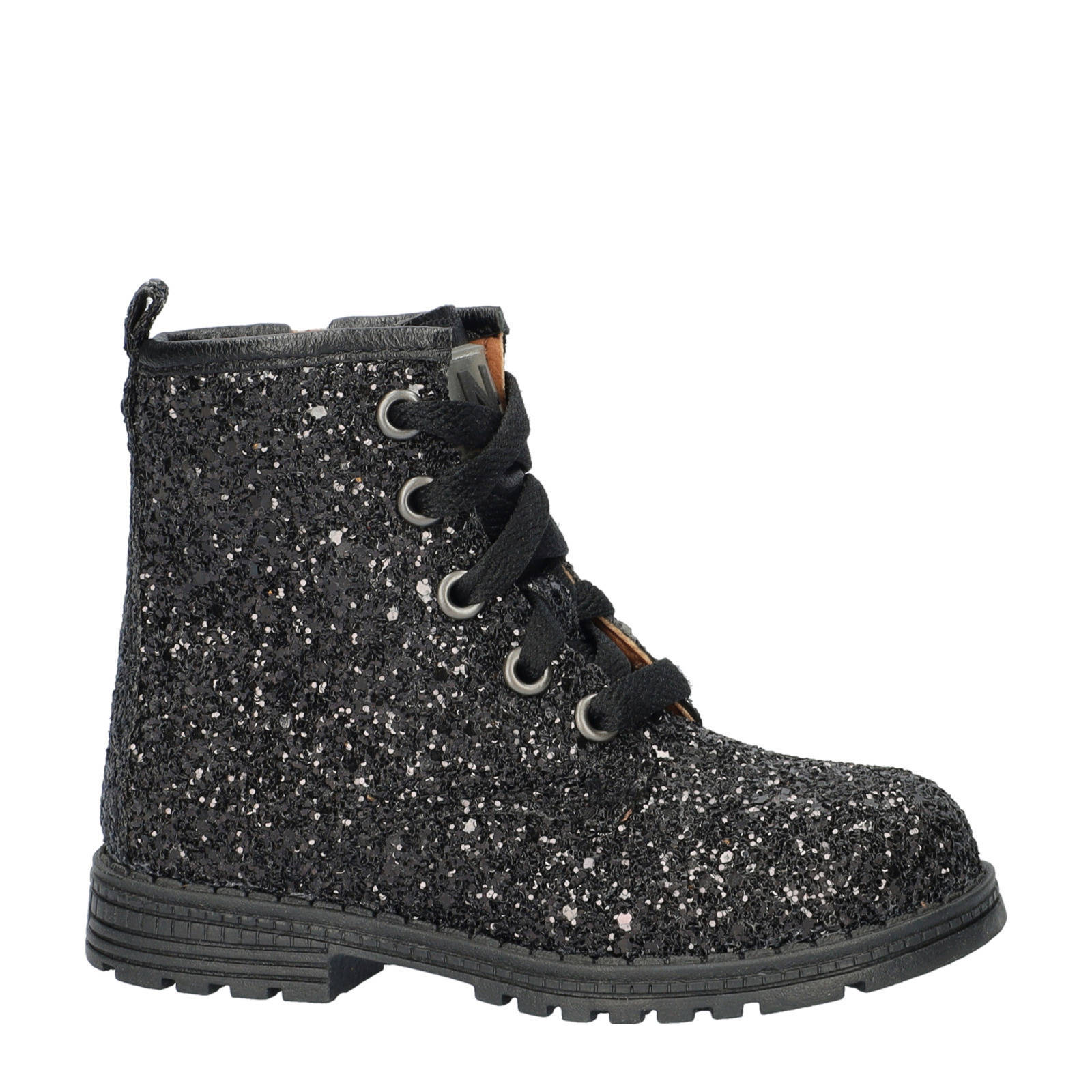Nelson Kids leren veterboots met glitters zwart