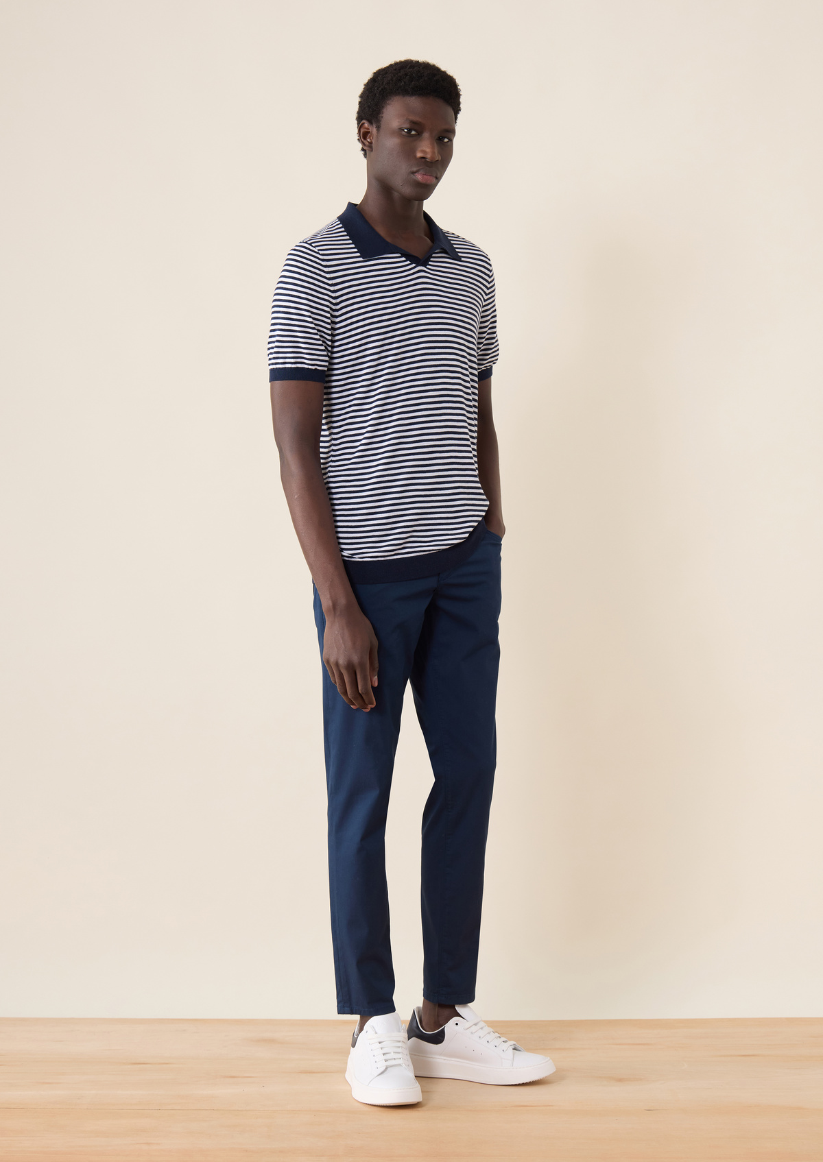 Pantalon casual skinny 7/8 en coton stretch uni bleu marine