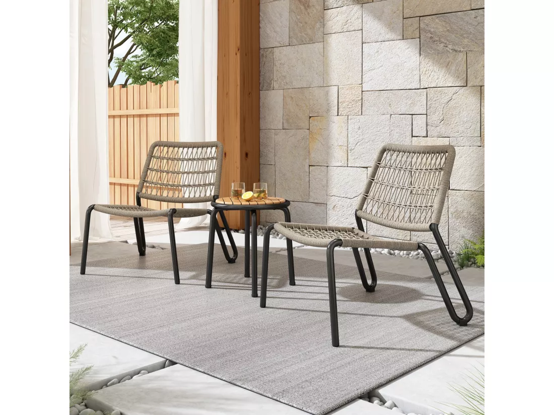 Lot de 3 salon de jardin en acier galvanisé - 2 fauteuils ergonomique et une table d'appoint ronde - charge max 160kg - Beige