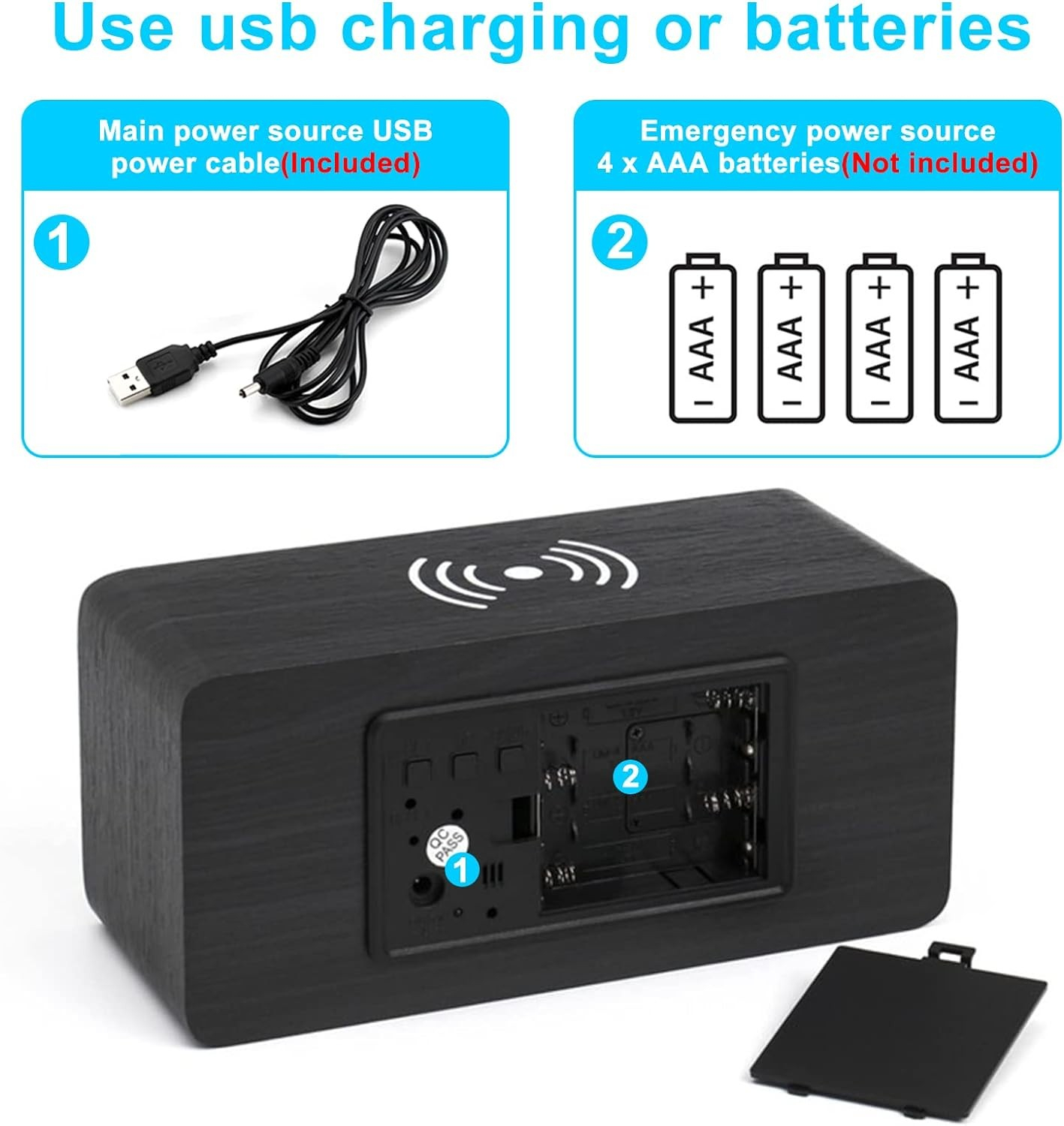 3in1 LED Holz Wecker USB Nachttisch Uhr mit Integrierter Ladestation Qi Wireless Ladegerät / Temperatur Anzeige - Schwarz