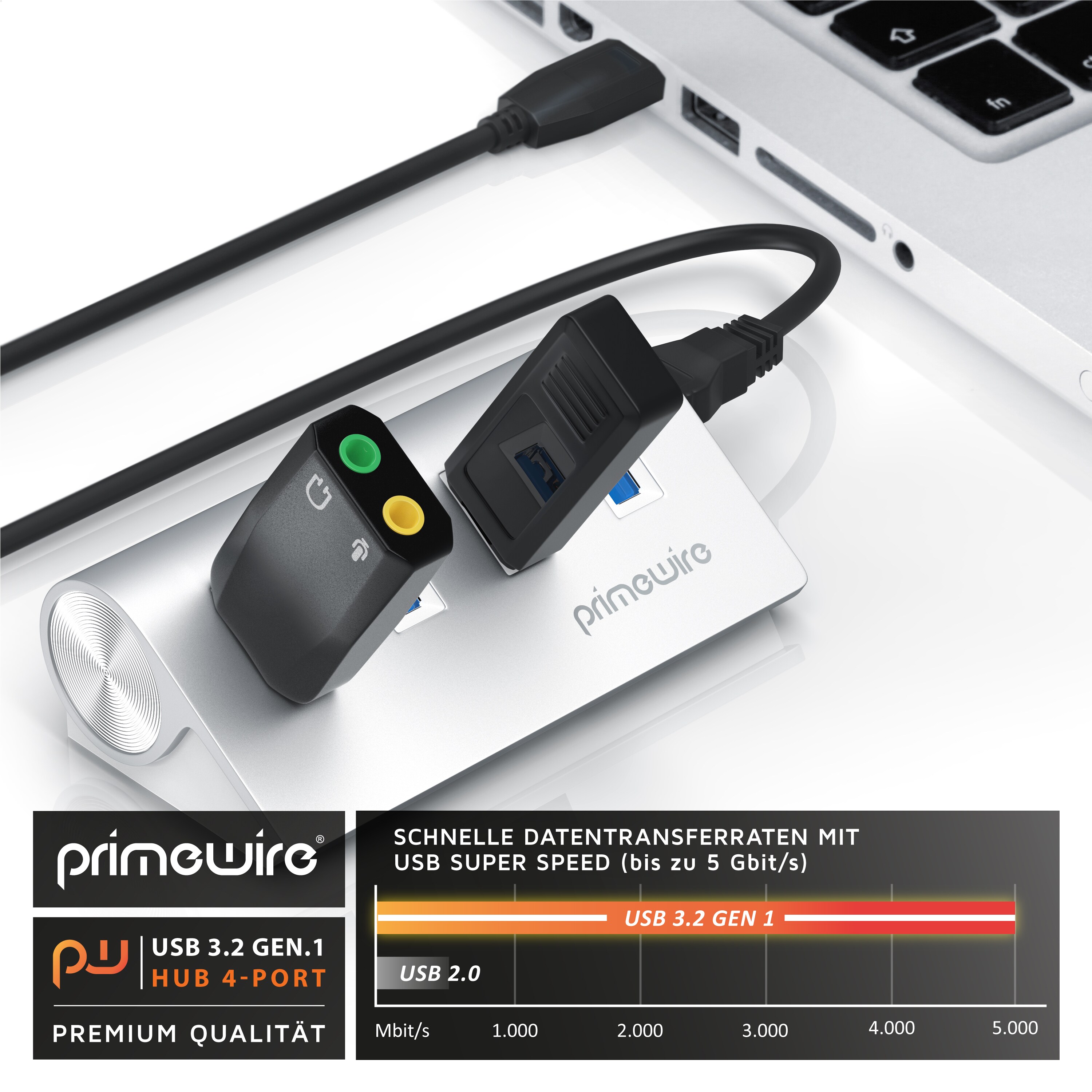 Primewire 4 Port USB 3.2 Gen1 SuperSpeed Datenhub Aluminiumgehäuse mit Netzteil Anschluss / Hot Plug