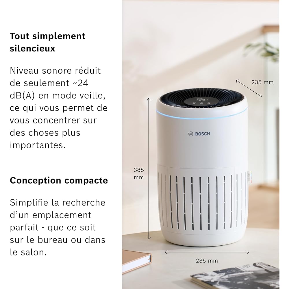 Bosch Air 2000i - Purificateur d'air intelligent - Couvre 37,5 m2 - Filtre efficacement plus de 99% des polluants - Mode auto/sommeil (< 25 dB(A)) - CADR : 180 m3/h - Connectivité avec écran et app : Cuisine et Maison