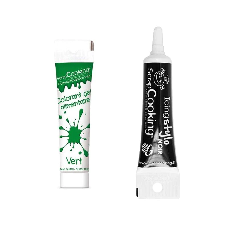 Gel colorant alimentaire vert 20 g + Stylo de glaçage noir Scrapcookin