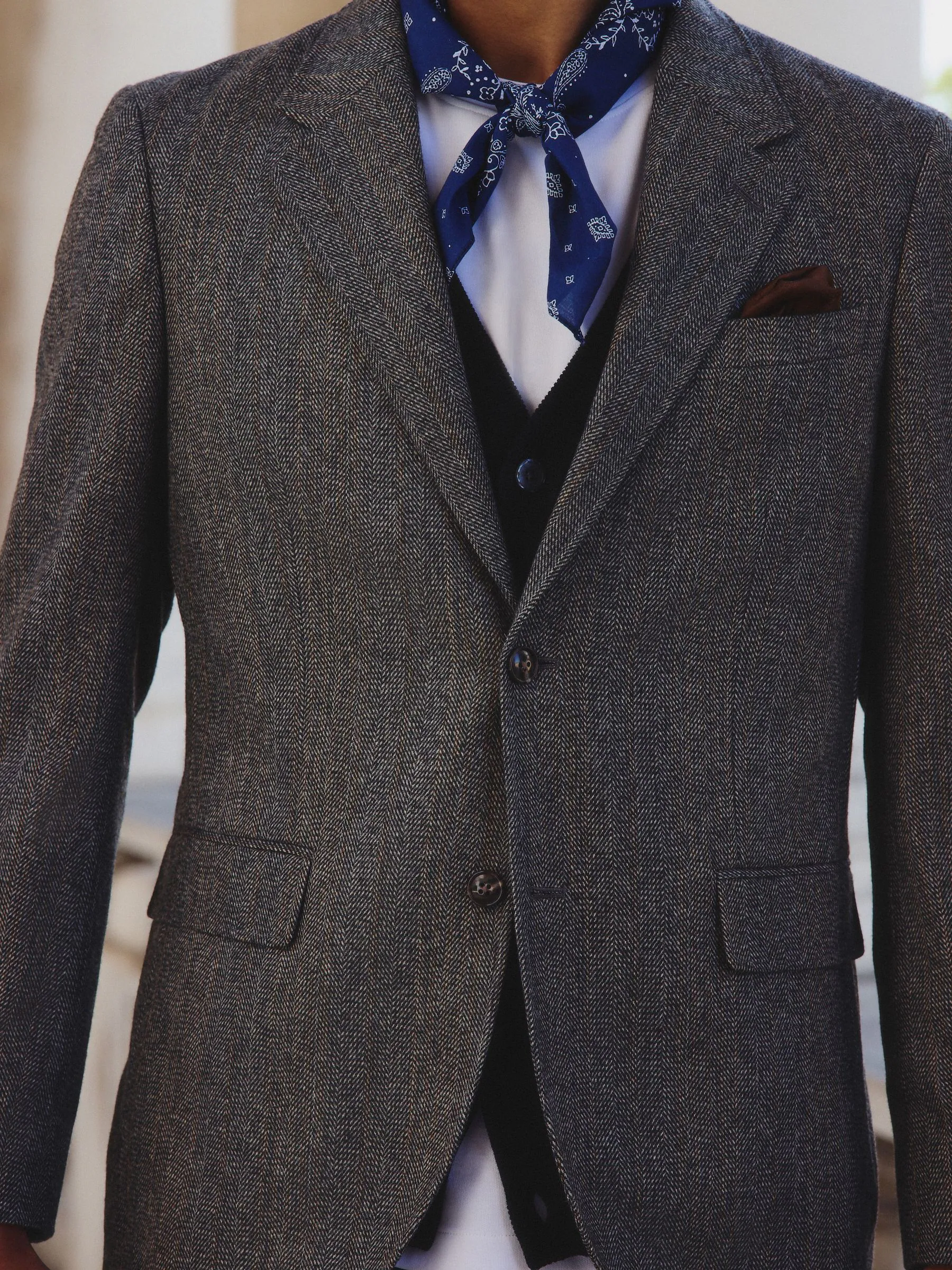 Grijs - Slim Fit Wool Blend Herringbone Stripe Suit Jacket