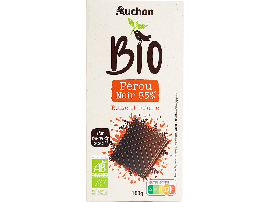 CHOCOLATE NEGRO AUCHAN BIO CULTIVAMOS O BOM PERU 85% 100 G