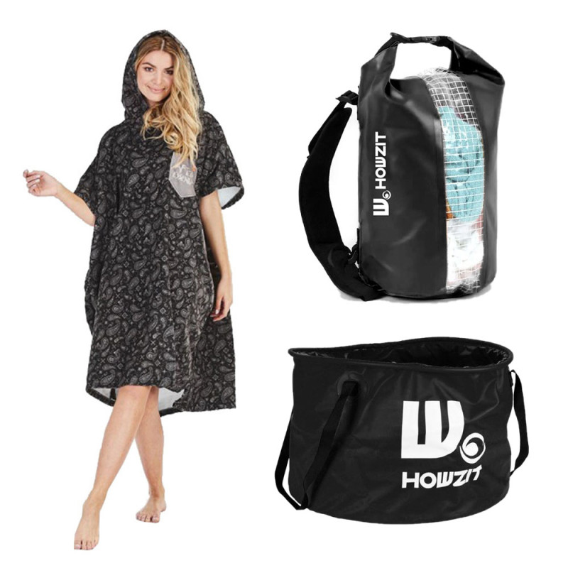 PACK PONCHO AFTER ESSENTIALS MUSIC SERIES SUICIDAL + SAC ÉTANCHE HOWZIT 15L + BUCKET ÉTANCHE HOWZIT