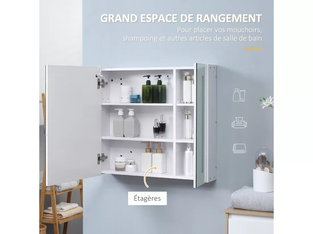 Armoire de toilette miroir lumineux LED 2 portes 3 niv. blanc