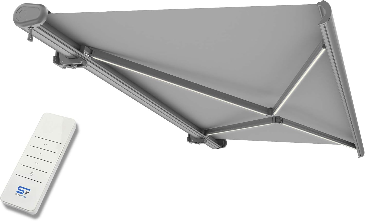 Schartec Premium Kassetten Markise elektrisch mit LED Beleuchtung Kassettenmarkise motorisierte Gelenkarmmarkise bis 500x300cm m (400x300cm, grau)