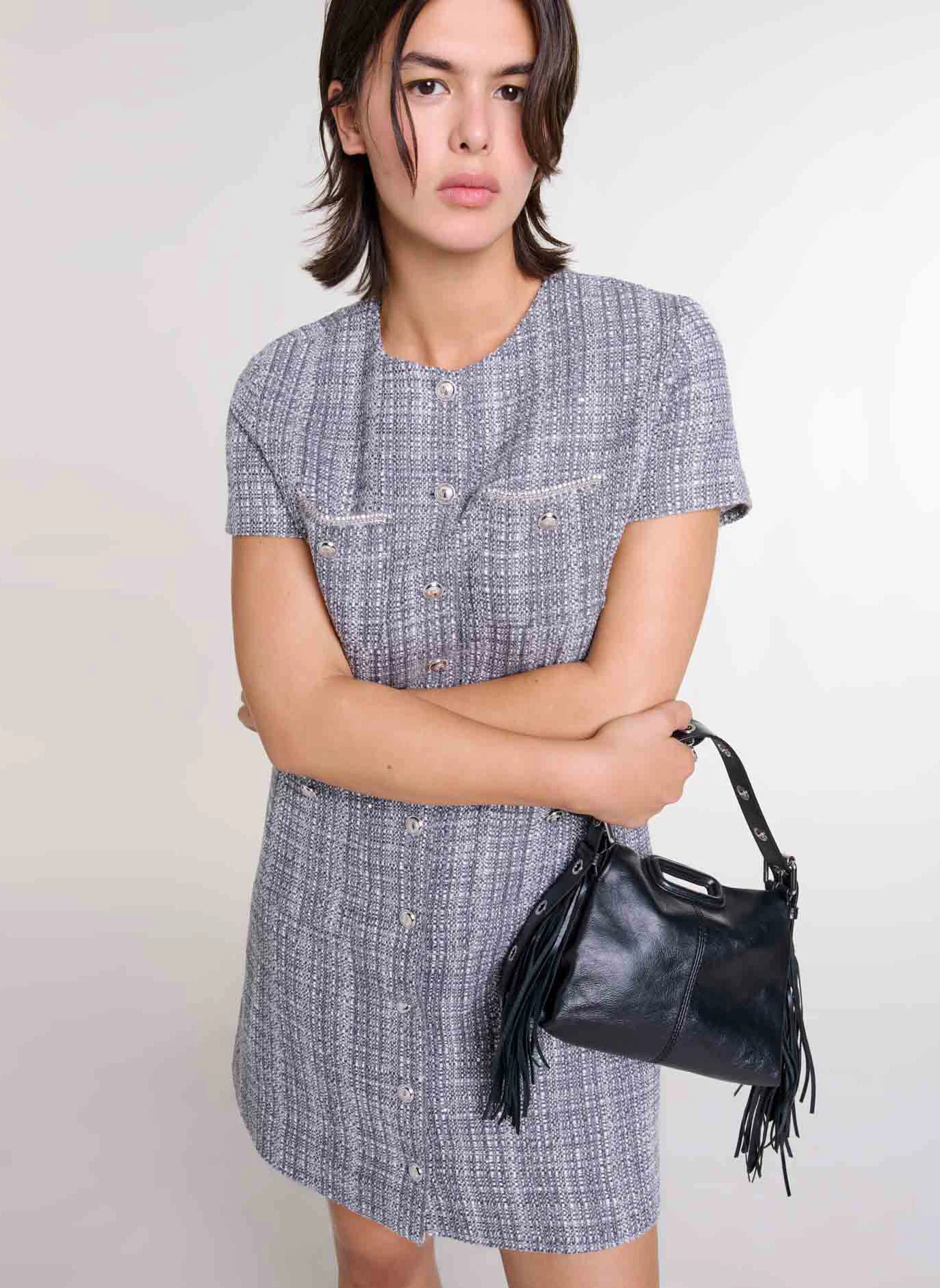 Robe courte col rond en coton mélangé | Gris