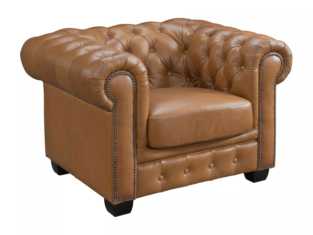 Fauteuil chesterfield BRENTON 100% cuir de buffle premium - Caramel vintage
