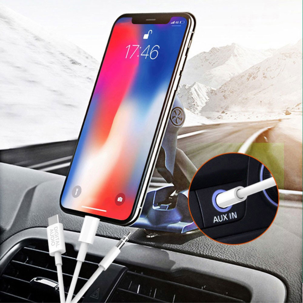 (120cm) 3in1 Lightning / 3.5mm AUX / USB C auf 3.5mm AUX Musik Adapter Kabel Konverter - Weiss