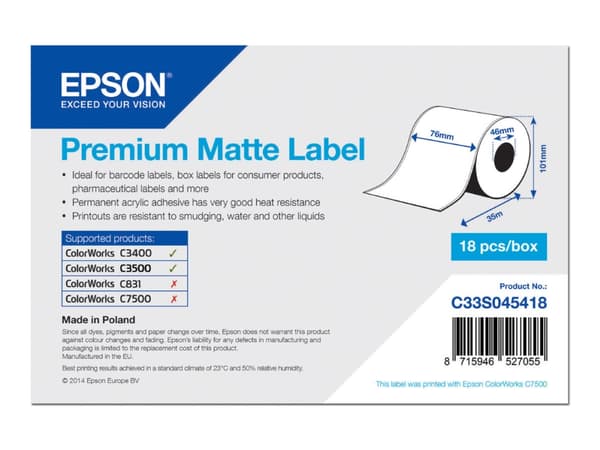 Epson Premium - Matt - Rull (7,6 cm x 35 m) 1 rull(er) sammenhengende etikettpapir - for Epson TM-C3400-LT; ColorWorks CW-C4000E (BK), CW-C4000E (MK)