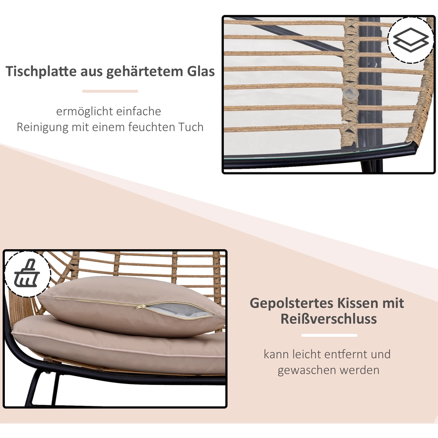 Outsunny Polyrattan Sitzgruppe mit Beistelltisch und Sitzpolstern, 4-teilig Khaki, Beige