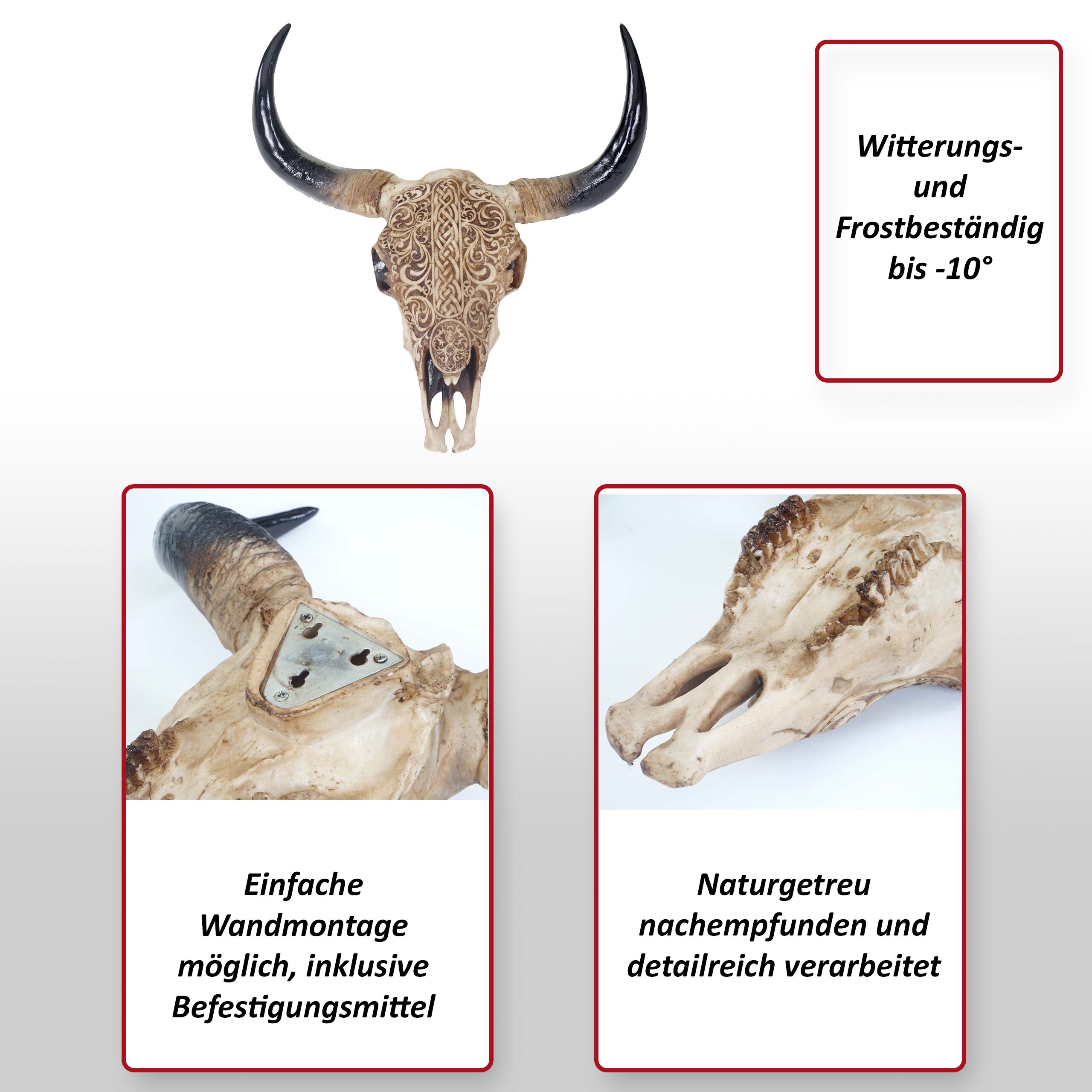 Deko Skull 45cm, Polyresin Stier Bulle Longhorn Kopf Trophäe mit Tribal, In-/Outdoor