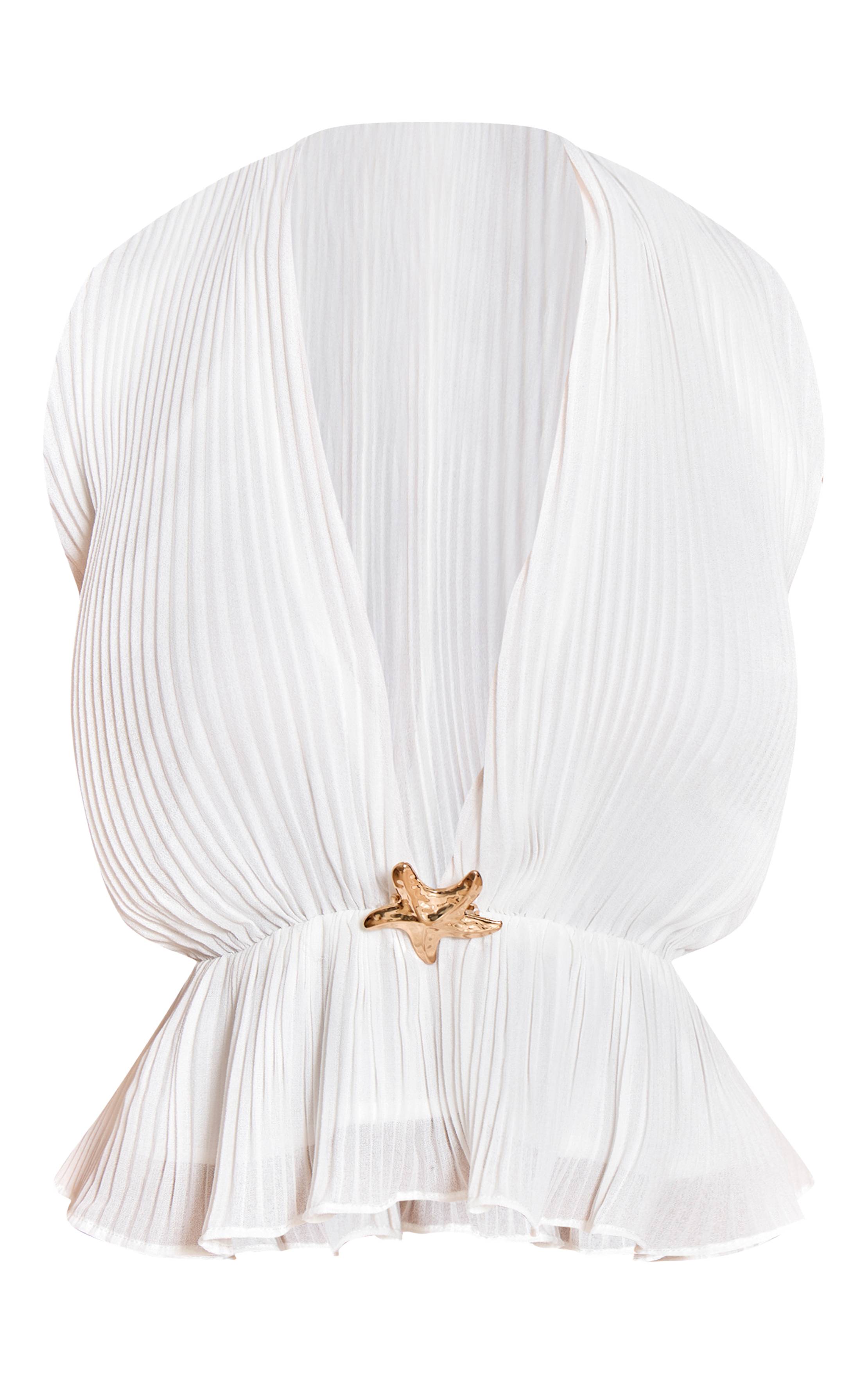 Blanc Top Coordonné Petite Col Licou À Détail Plissé