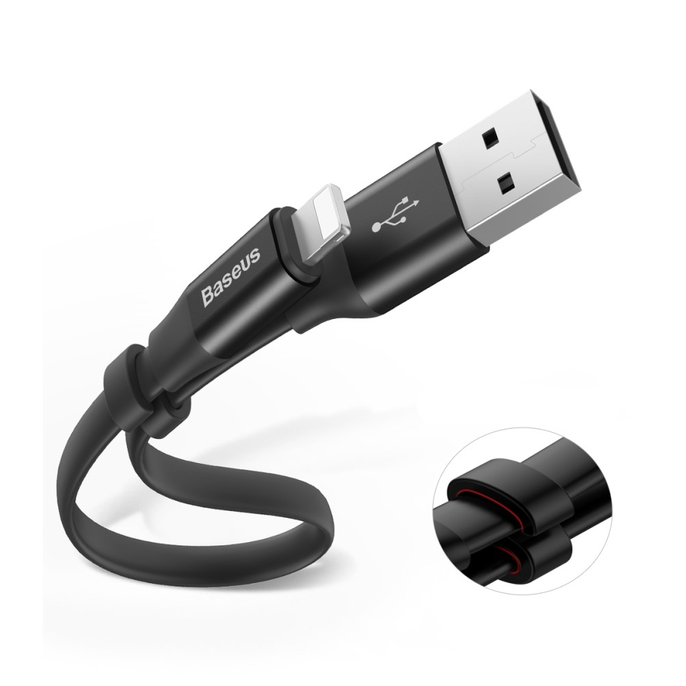(23cm) 2A Lightning USB Flachband Mini Ladekabel - Schwarz