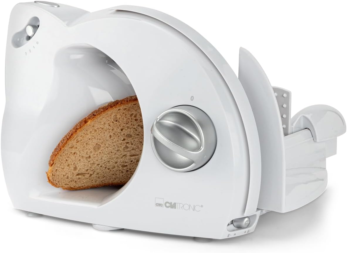 Clatronic® Allesschneider | 3 Stufen | Brotschneidemaschine mit Edelstahl Spezialmesser | stufenlos einstellbare Schnittstärke | 180 Watt | Fingerschutz | für Obst, Brot, Käse uvm. | AS 2958 weiß