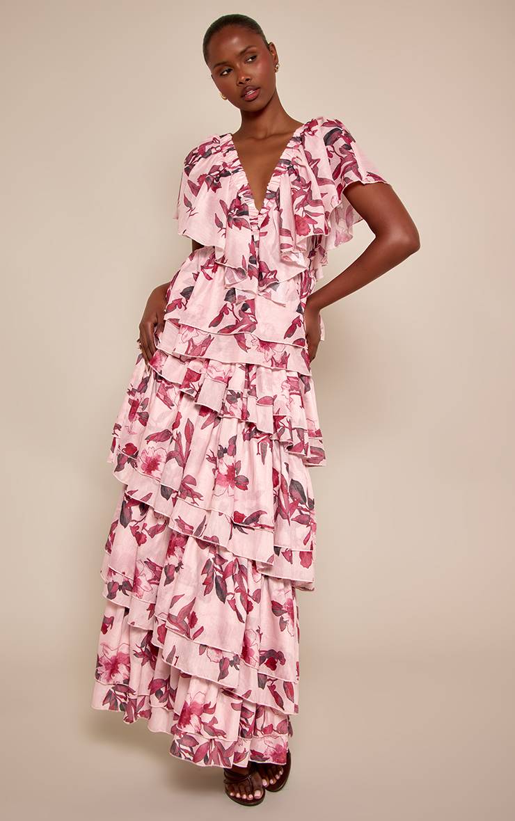 Rose Robe Maxi À Col V À Volants Extrêmes Imprimé Floral