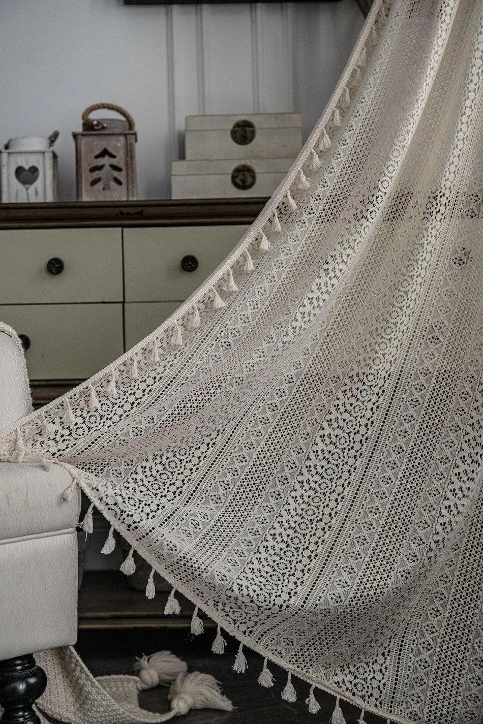 Boho Style Translucent Curtain | Beige Woven Geometric Crochet Curtains